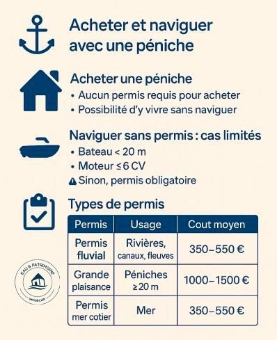Infographie sur l'achat de bateau logement et le type de permis péniche à Paris et en France.