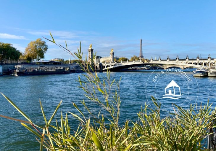 Vue dégagée sur la Seine et la Tour Eiffel depuis une péniche en vente à Paris.